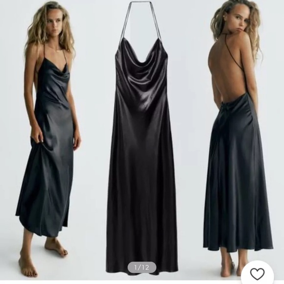 ZARA BLACK FOIL SLIP BACKLESS DRAPED NECKLACE METALLIC EFFECT DRESS Size S NWT - Picture 2 of 3